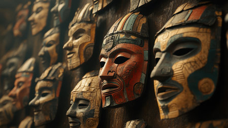 A stunning collection of colorful ancient masks displayed on a wall, showcasing intricate craftsmanship and cultural heritage. Each mask features unique patterns and emotions, embodying a rich history.の素材