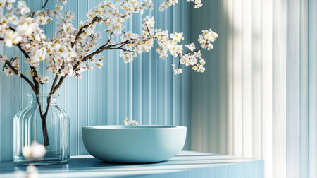 This image showcases a graceful cherry blossom branch in a blue vase, set against a soft pastel backdrop. The serene ambiance enhances modern interior decor.の素材