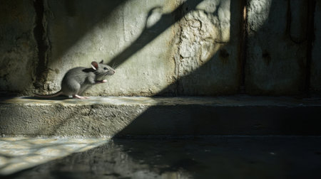 A small grey mouse explores a sunlit room, showcasing its natural curiosity amidst shadows and textured walls. The setting exudes tranquility and solitude.の素材