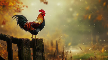 A magnificent rooster stands proudly on a rustic wooden fence, surrounded by the gentle beauty of autumn. This serene, colorful scene captures the essence of rural life and nature's charm.の素材