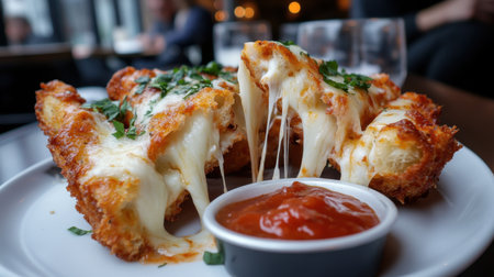 A mouthwatering cheesy snack featuring gooey melted cheese served with marinara sauce, perfect for sharing during a delightful dining experience.の素材