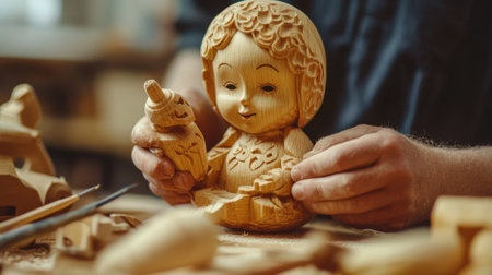 A skilled artisan carefully carves a wooden doll in a cozy workshop, showcasing meticulous craftsmanship and attention to detail. The warmth of the wood enhances the beauty of the piece.の素材