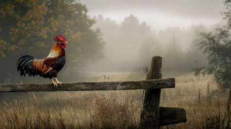 A vibrant rooster stands proudly on a wooden fence in a serene, misty landscape. The scene captures the essence of rural life in autumn, combining tranquility and natural beauty.の素材