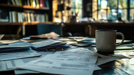 A cozy workspace featuring a messy desk filled with scattered papers and a coffee cup, bathed in warm sunlight. An inviting setting for creativity and productivity.の素材