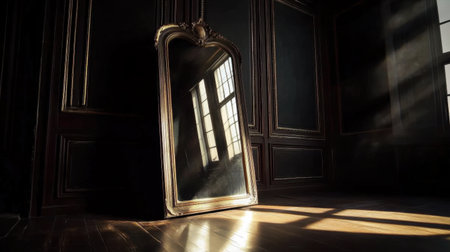 A beautiful vintage mirror leans in a dimly lit room, reflecting sunlight beams, creating a serene and mysterious atmosphere ideal for interior design projects.の素材