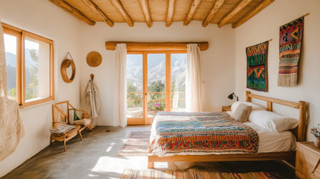 A bright and cozy bedroom featuring rustic design elements, warm earthy tones, and artistic textiles. Large windows invite natural light and serene views.の素材