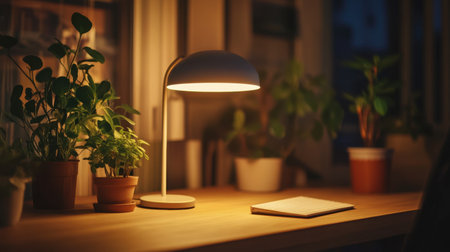 A serene workspace featuring a stylish desk lamp illuminating potted plants, creating a warm atmosphere ideal for relaxation and productivity in the evening.の素材