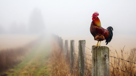 A vibrant rooster stands proudly on a weathered fence post, surrounded by a misty landscape. The peaceful rural scene captures the beauty of the morning light and nature's tranquility.の素材