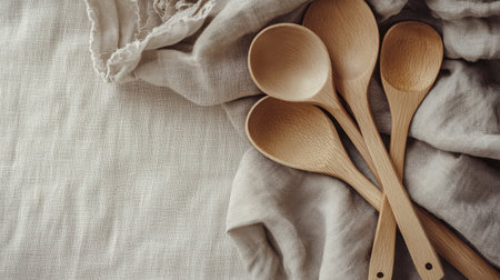 A beautiful arrangement of wooden spoons resting on a soft linen cloth, perfect for evoking warmth and simplicity in a kitchen setting, ideal for culinary imagery.の素材