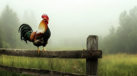 A stunning rooster stands proudly on a rustic wooden fence, surrounded by a serene foggy landscape, capturing the essence of peaceful rural life in the early morning.の素材