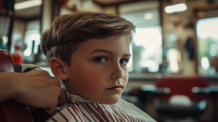 A young boy sits patiently in a vintage barbershop, focused as he prepares for his haircut. The classic setting enhances the nostalgic charm of the experience.の素材