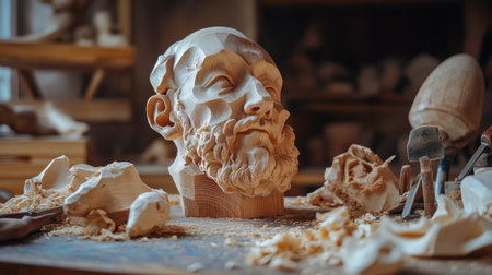This image showcases a detailed wood carving of a human head with a beard, surrounded by tools and wood shavings, highlighting the artistry of craftsmanship in a workshop setting.の素材