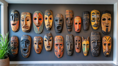 A stunning display of colorful African masks on a modern wall, showcasing unique craftsmanship and cultural heritage, perfect for enhancing interior decor.の素材