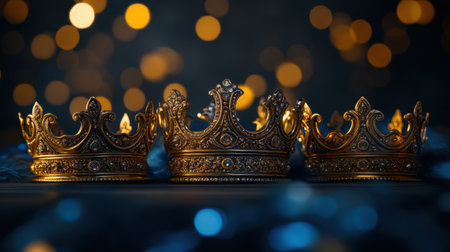 Three elegant gold crowns are displayed with sparkling bokeh lights in the background, symbolizing luxury and royalty. Ideal for themes of celebration and elegance.の素材