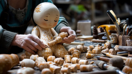 A skilled artisan meticulously crafts a wooden doll, surrounded by tools and materials. The scene highlights the intricate artistry involved in traditional wooden toy making.の素材