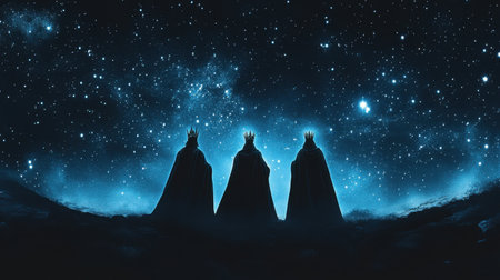 Three silhouetted figures resembling kings stand against a dazzling starry night sky, evoking feelings of mystery and wonder. The scene captures a serene cosmic landscape.の素材