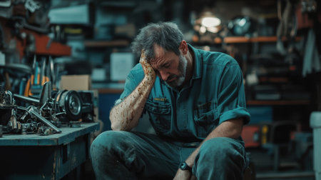 A tired mechanic sits in a cluttered workshop, deep in thought. His hand rests on his head, reflecting a moment of exhaustion amidst tools and machinery.の素材