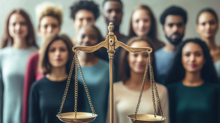 A striking image of scales representing justice in the foreground with a diverse group of individuals in the background, symbolizing unity and equity in society.の素材
