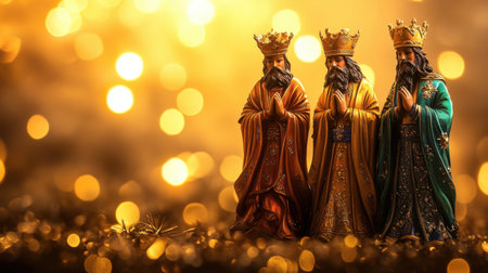 Artistic depiction of three wise men figurines in colorful robes with a glowing bokeh background. Perfect for holiday decorations and spiritual themes.の素材
