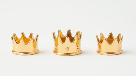 Three golden crowns arranged on a white background, symbolizing royalty and success. Perfect for themes of achievement, celebration, or luxury design.の素材