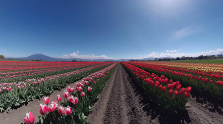 A stunning view of vibrant tulip fields showcasing colorful blooms under a clear blue sky. This picturesque landscape evokes the beauty of springtime.の素材