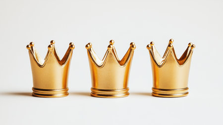 Three shiny golden crowns arranged in a row on a soft white background. Perfect for themes of royalty, luxury, and celebration in various design projects.の素材