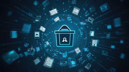 This image illustrates digital data protection, featuring a central security icon surrounded by various technology-related graphics, emphasizing the importance of information security in the digital age.の素材