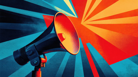 This striking image features a retro megaphone against a vibrant burst of colors, capturing attention and conveying a powerful message of communication and impact.の素材