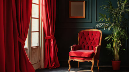 A stunning red chair complements luxurious curtains in a beautifully styled room, featuring a green plant and elegant decor, perfect for interior design inspiration.の素材