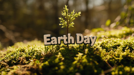 A young plant emerges from a vibrant mossy surface, symbolizing Earth Day. The scene highlights the importance of nature and environmental care.の素材