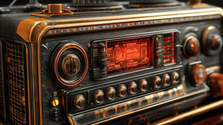 Captivating close-up of a vintage radio showcasing its intricate details and warm orange illumination. Perfect for themes of nostalgia and retro design.の素材
