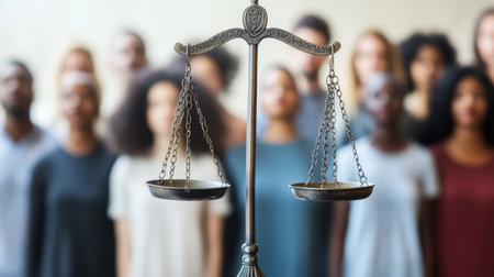 This image depicts a balanced scale symbolizing justice, with a diverse group of people softly blurred in the background, representing social equality and advocacy for human rights.の素材