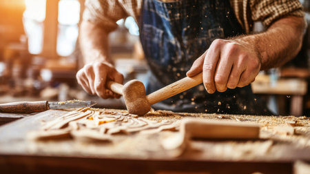 A skilled artisan works diligently with a mallet and chisel, shaping wood on a workbench. The workshop radiates creativity and craftsmanship, showcasing intricate detail.の素材