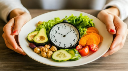 A hands-on approach to a balanced meal featuring fresh vegetables and a clock. This image highlights the importance of time management in healthy eating habits.の素材