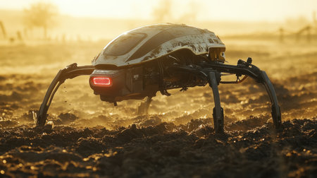 A futuristic robotic spider explores an agricultural field at sunset, highlighting the intersection of technology and nature in modern farming practices.の素材