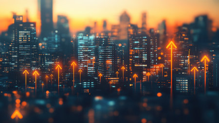 Dynamic urban skyline illuminated by sunset with arrows signifying growth and success. A vibrant scene reflecting business opportunities and progress.の素材