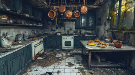A hauntingly beautiful image of an abandoned kitchen showing signs of decay, clutter, and neglect. The atmosphere is filled with remnants of past meals and vintage decor.の素材