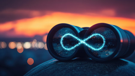 A mesmerizing image of an infinity symbol reflected in binocular lenses, set against a breathtaking sunset backdrop. Perfect for themes of exploration and creativity.の素材