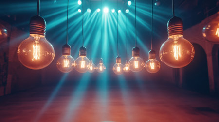 Softly glowing light bulbs hang in a dimly lit space, creating an ethereal atmosphere. The blue light backdrop enhances the captivating ambiance perfect for events.の素材