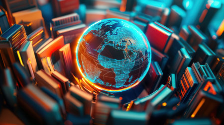 A stunning visualization of planet Earth surrounded by vibrant books. This artwork represents the harmony between knowledge and technology, ideal for educational themes.の素材