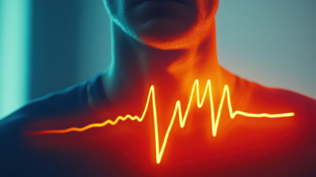 A captivating image of a person chest illuminated by an artistic heartbeat illustration. The soft light creates a serene atmosphere, symbolizing health and vitality.の素材