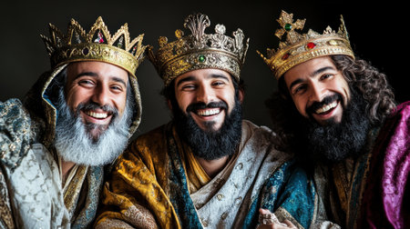 Three joyful kings wearing elaborate crowns and regal costumes share a moment of laughter, showcasing their camaraderie and happiness in a vibrant setting.の素材