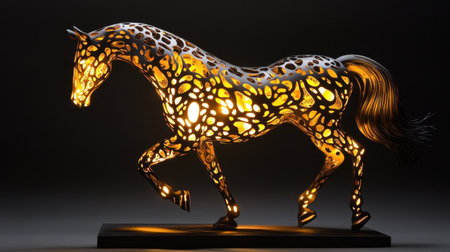 A beautifully crafted horse sculpture combining intricacy and light, perfect for enhancing any space with artistic elegance and warmth through its dynamic shadow play.の素材