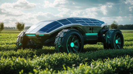 A futuristic agricultural robot equipped with solar panels showcases innovation in sustainable farming, set against a vibrant green landscape under a blue sky.の素材
