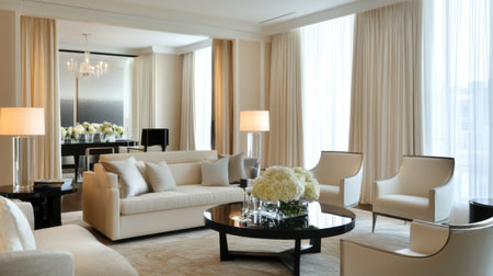 Discover an elegant modern living room featuring bright curtains, stylish decor, and soft furnishings. Ideal for showcasing contemporary interior design.の素材