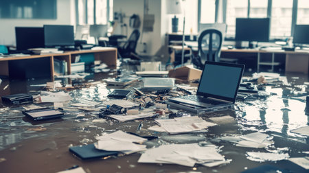 A flooded office space shows chaos and damage with water covering the floor, scattered paperwork, and submerged technology, depicting the aftermath of a disaster.の素材