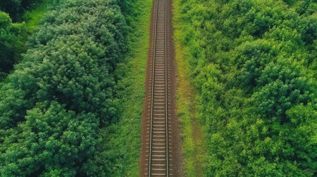 Aerial view of lush green vegetation surrounding abandoned train tracks, creating a serene and tranquil setting. Perfect for nature and travel themes.の素材