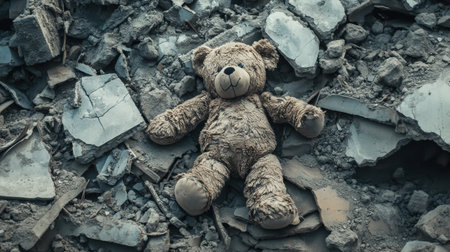 A teddy bear lies abandoned amidst rubble and debris, evoking feelings of loss and nostalgia. The soft toy symbolizes childhood innocence amidst destruction.の素材