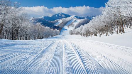A captivating winter landscape featuring freshly groomed ski slopes surrounded by snow-covered trees and stunning mountains under a clear blue sky. Perfect for winter sports enthusiasts.の素材