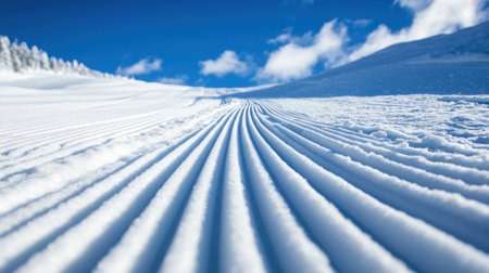 A breathtaking snow-covered landscape showcasing ridged snow patterns under a bright blue sky. This tranquil scene captures the beauty of winter and invites adventure.の素材